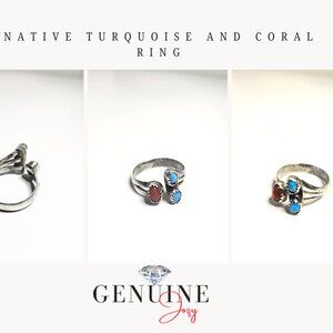 Vintage Native Turquoise and Coral 3 Stone Ring Sterling Silver